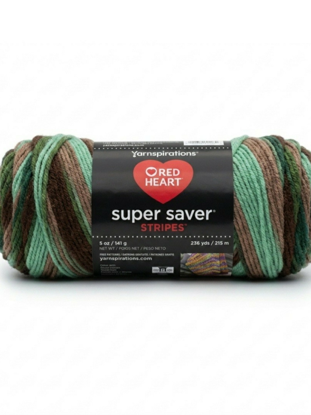 Red Heart Super Saver Stripes yarn skein in a Forest Stripe colorway. 5oz